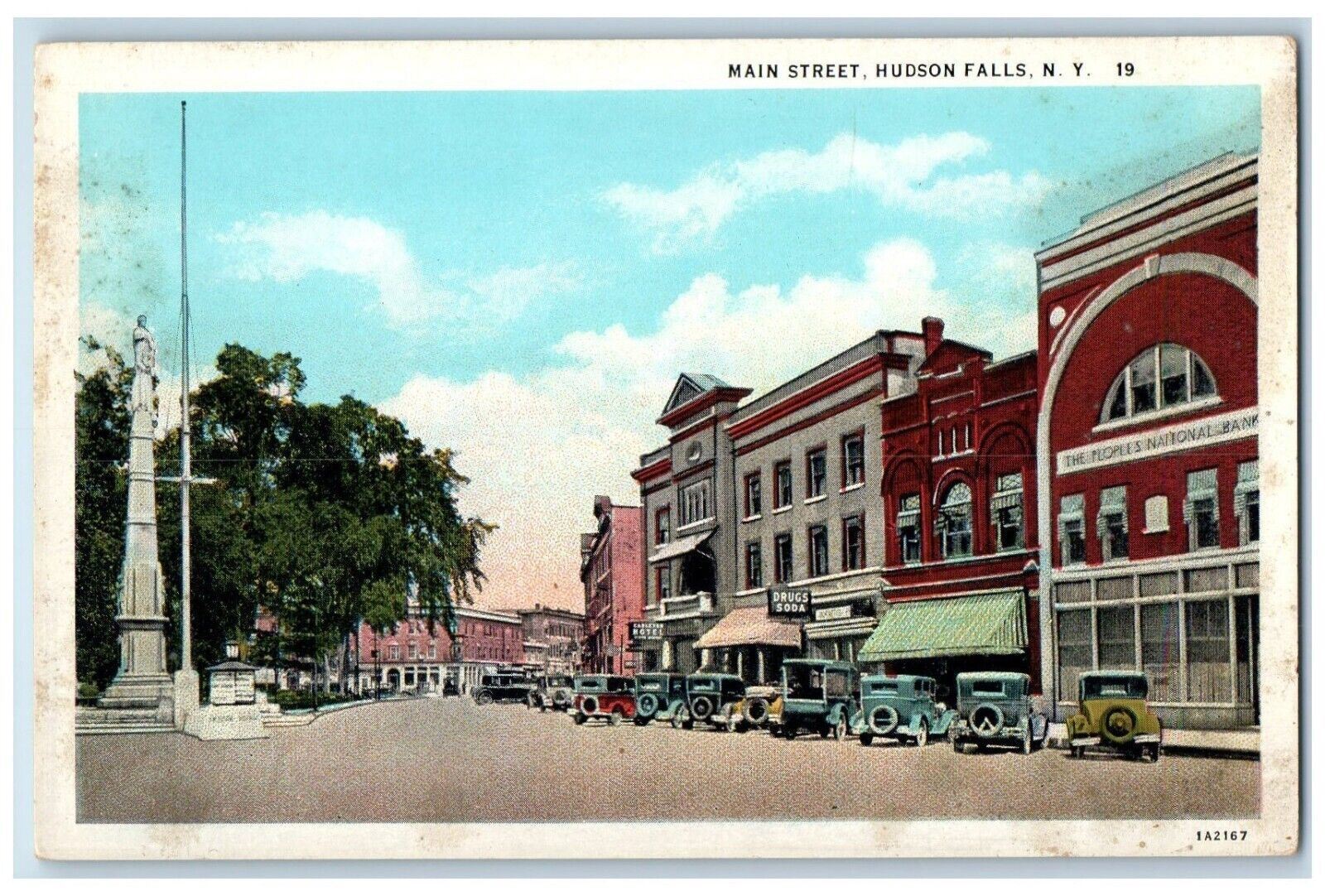 c1930's Main Street Drug Soda Motel Cars Hudson Falls New York NY Postcard
