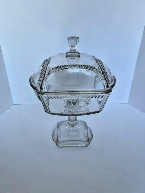 Antique Clear Glass Covered Compote McKee Brothers Deer Doe Pine Tree 1886
