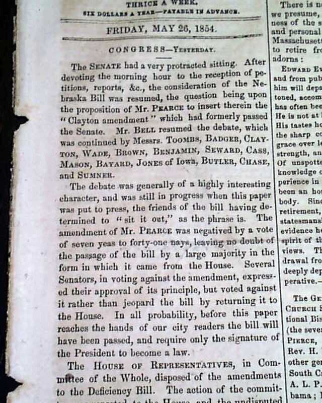 Bleeding KANSAS-NEBRASKA ACT Western Expansion Slavery Question 1854 Newspaper  