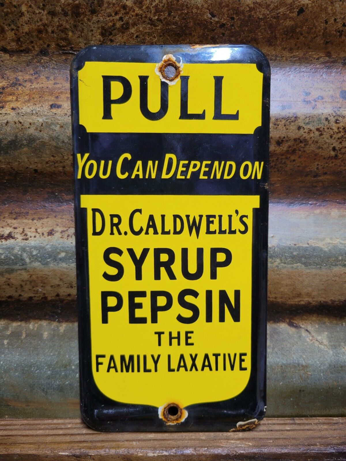 VINTAGE DR CALDWELLS PORCELAIN SIGN SYRUP PEPSIN LAXATIVE REMEDY PHARMACY CURE
