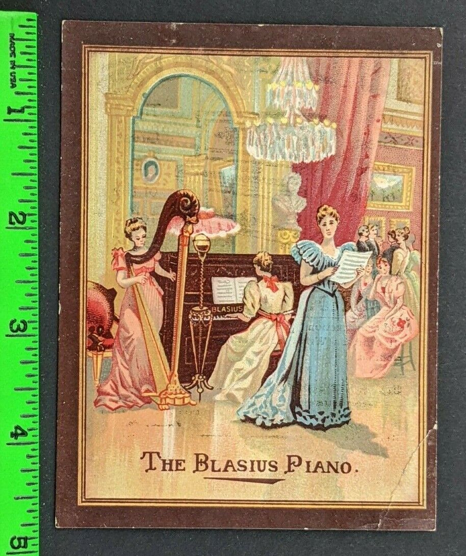 Vintage 1880's Blasius Piano Women Harp Ball Dance Chandelier Trade Card