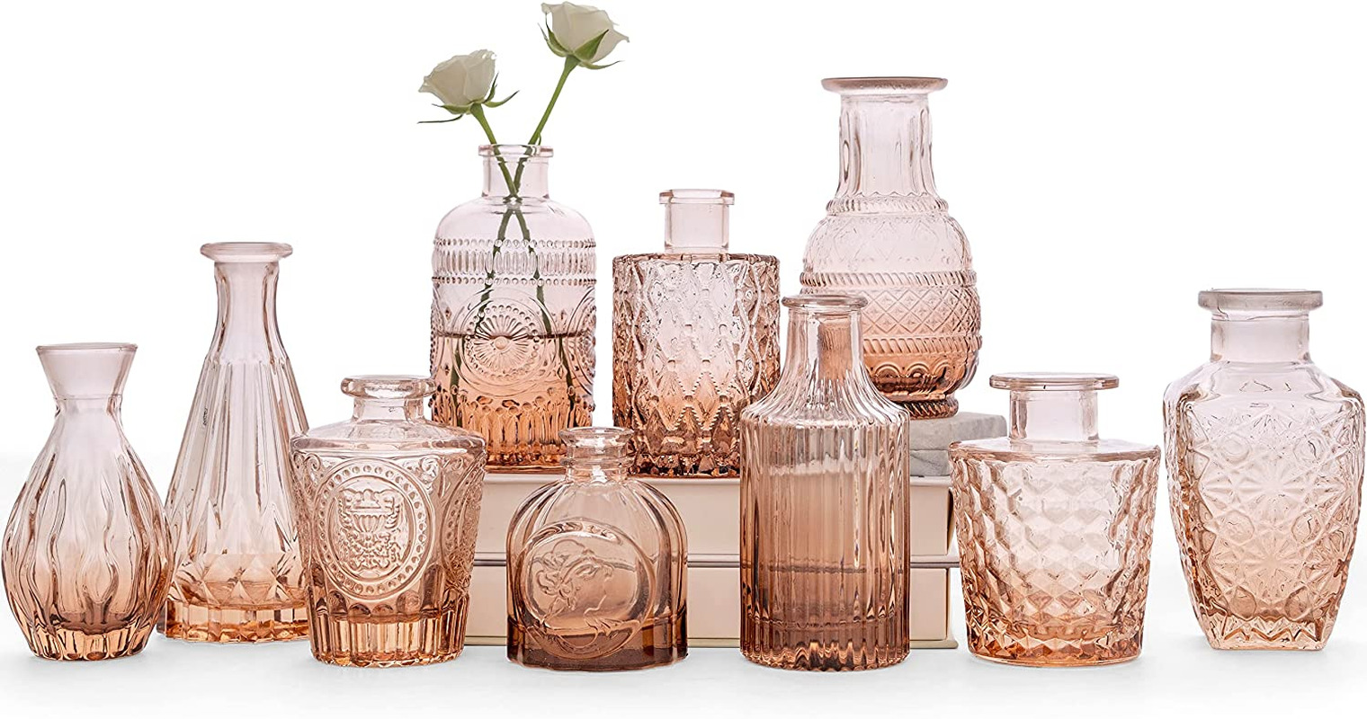 Amber Glass Bud Vase  Set of 10 Small, Cute Mini Vintage Style (Pink Orange)