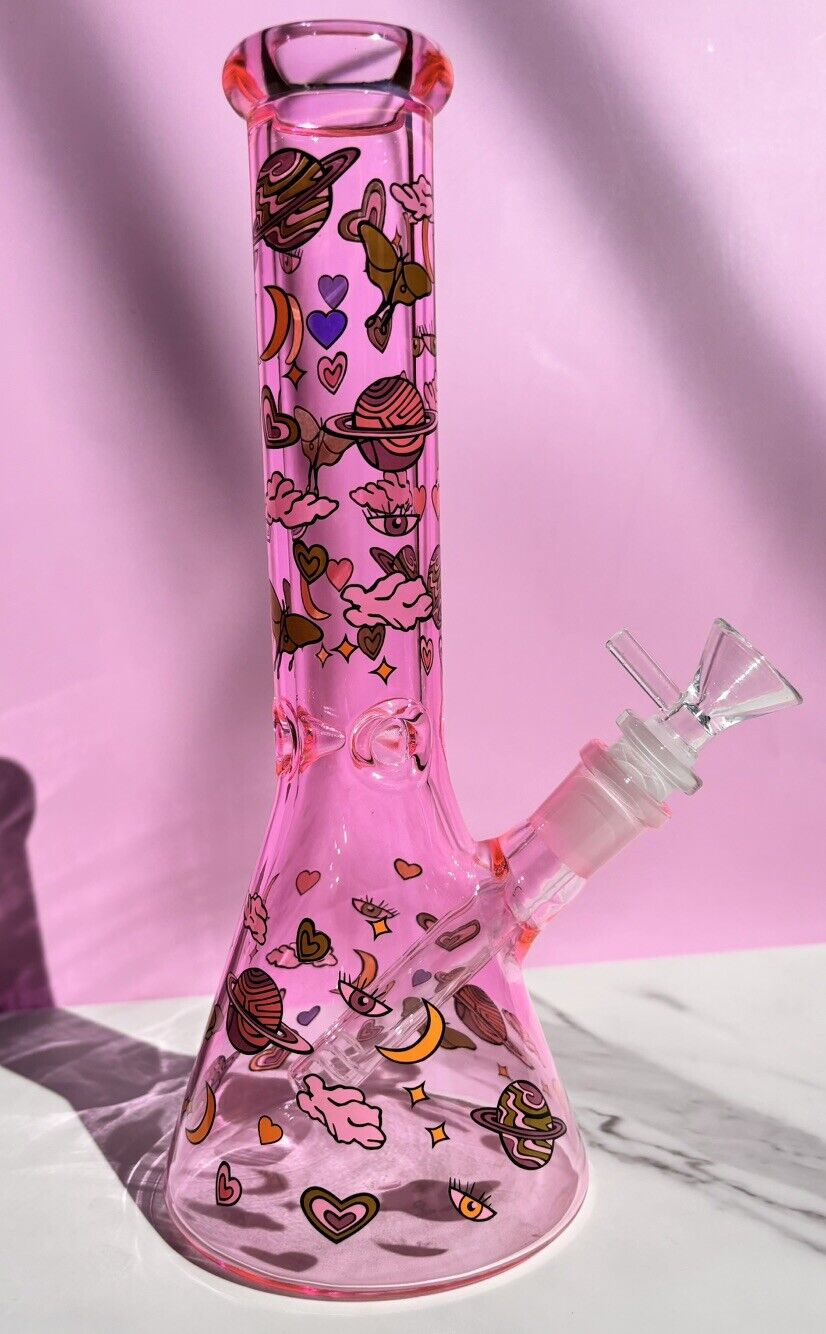 10” Pink Artistic Bong Hookah Water Pipe Tobacco Smoking Beaker Glass Pipe