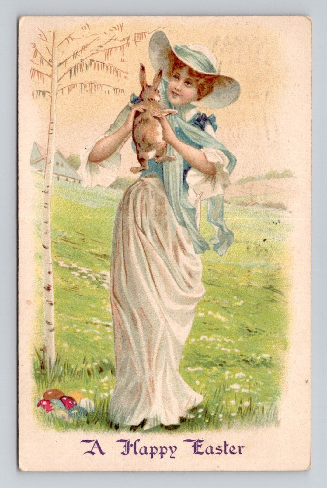 Postcard Easter Greeting w/ Elegant Woman & Bunny Rabbit, Antique h1
