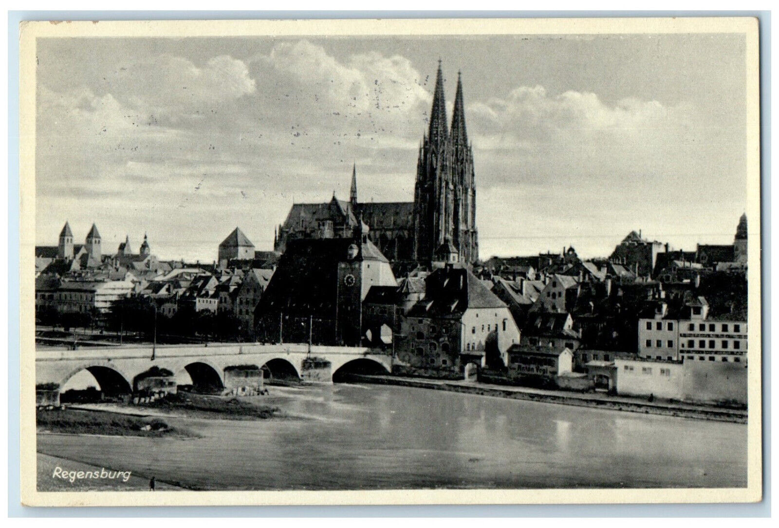 c1930's Bridge View at Regensburg Bavarian Germany Posted Vintage Postcard