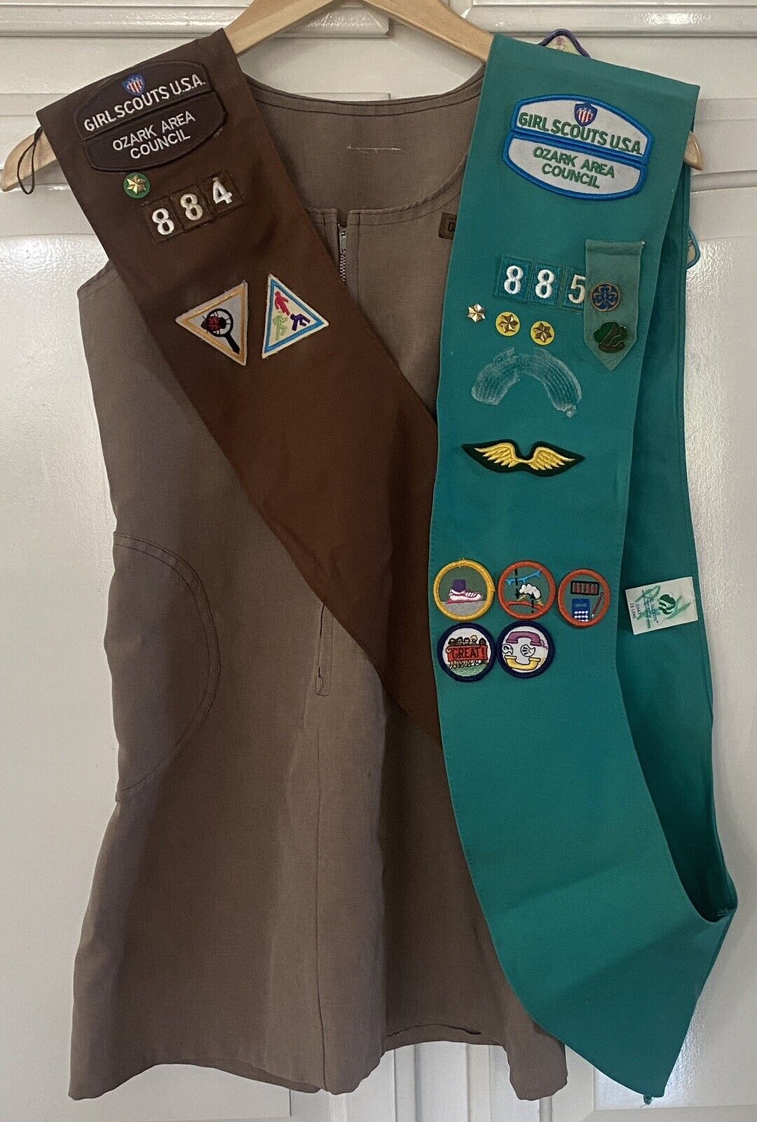 Vintage 2 Girl Scout OZARK AREA COUNCIL SASH and a Brownie Jumper Romper Dress
