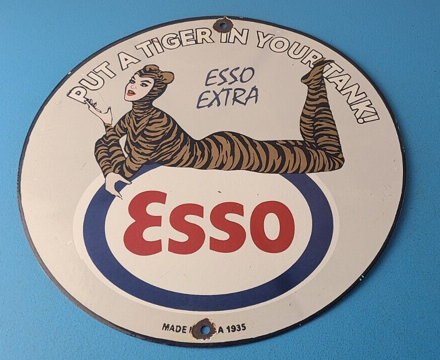 Vintage Esso Gasoline Porcelain Tiger Suit Gas Service Station Auto Tank Sign
