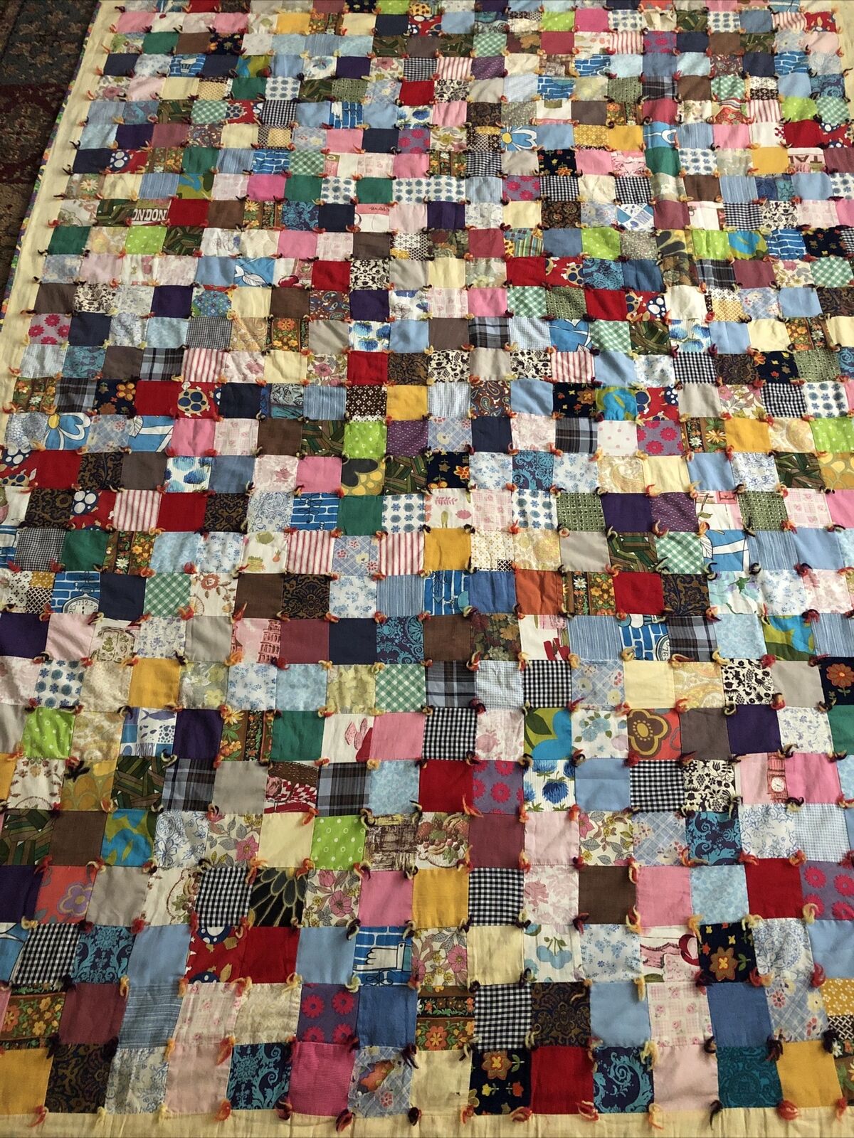 Beautiful Handmade Midcentury Quilt Block Colorful 83”X 63” Reverseable