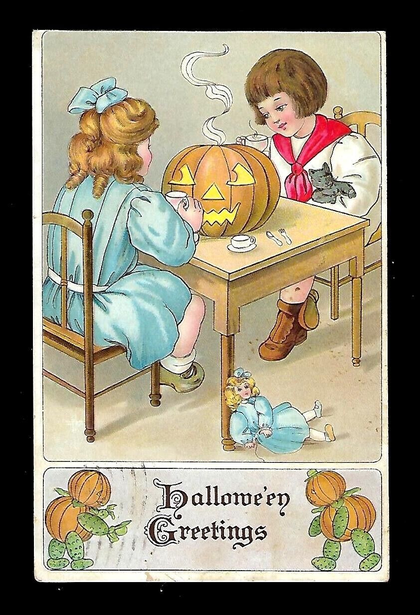 c1909 Brown & Woodley Halloween Postcard Children Having Tea Party JOL, Doll