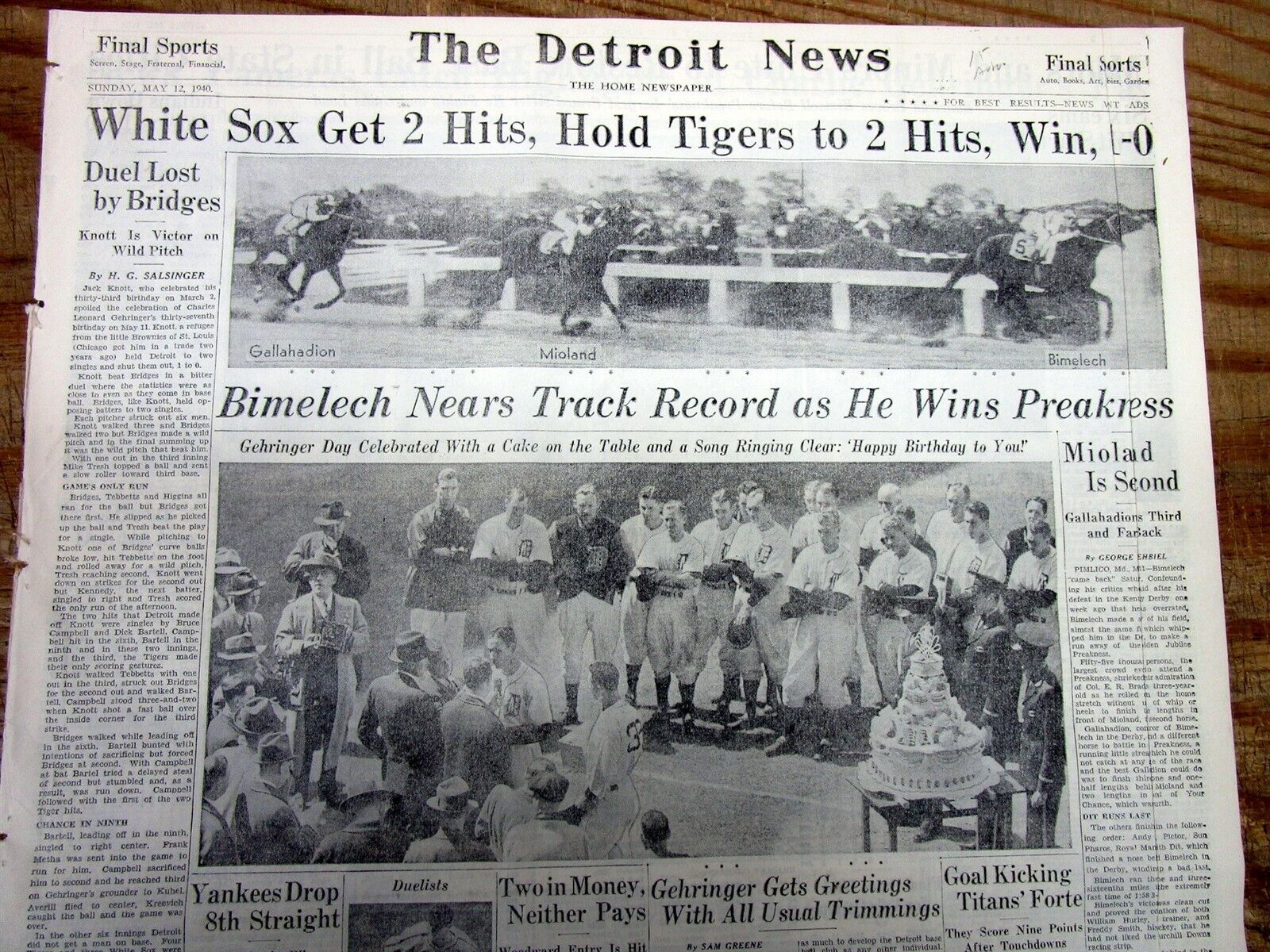 1940 newspaper BIMELECH wins the PREAKNESS HORSE RACE at PIMLICO in BALTIMORE MD