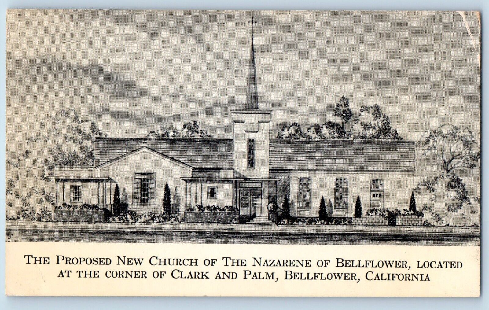 Bellflower California Postcard Proposed New Church Nazarene Corner Clark c1940