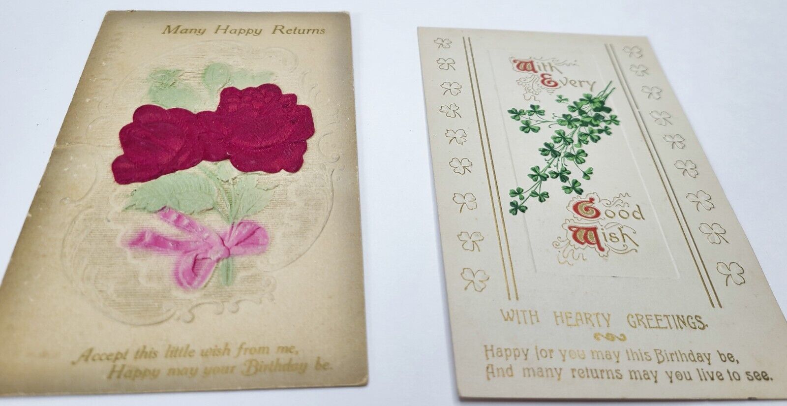 2 Antique Floral Birthday Greeting Postcards Satiny Roses Embossed Shamrocks