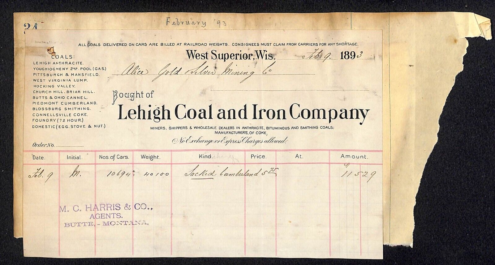 West Superior, WI Lehigh Coal and Iron Co. 1893 Billhead Alice Gold & Silver Min