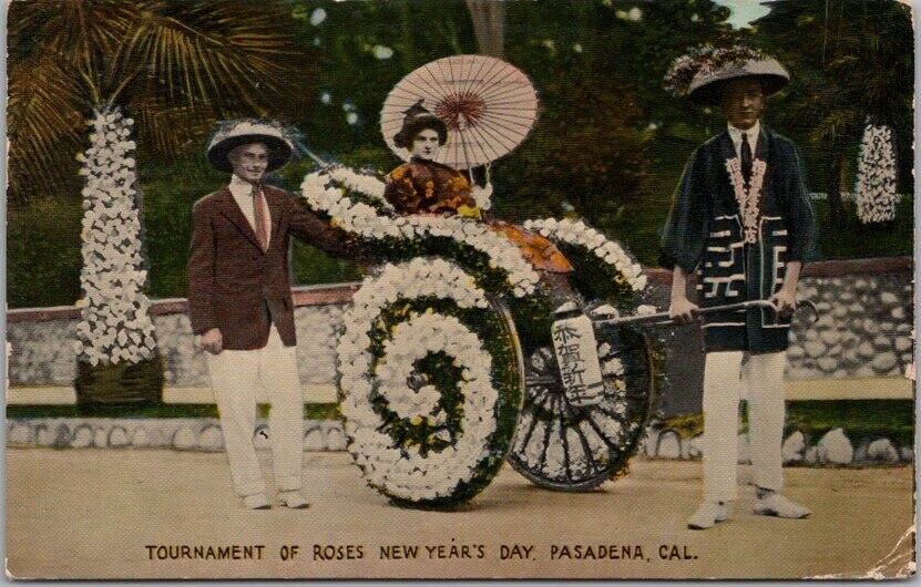Vintage 1915 PASADENA TOURNAMENT OF ROSES PARADE Postcard RICKSHAW Float Ethnic
