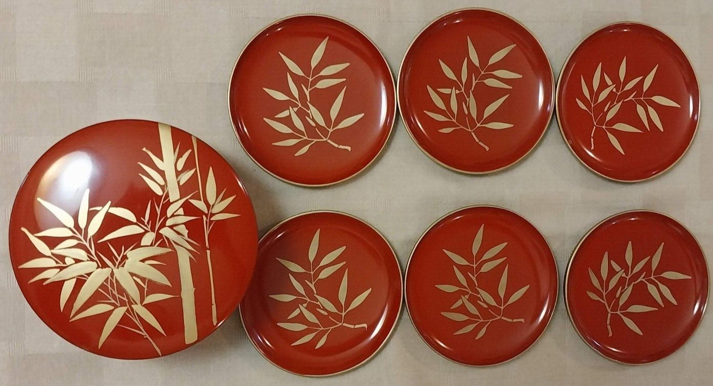 Vintage Set of 6 Japanese Red Lacquer Coasters in Round Lacquer Box. Gold Bamboo