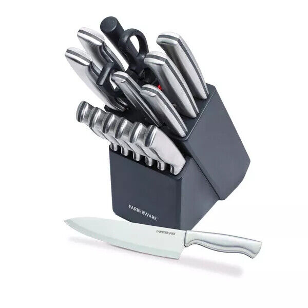 Farberware 15pc Stainless Steel Knife Block Set chef/bread/slicing/Santoku/steak