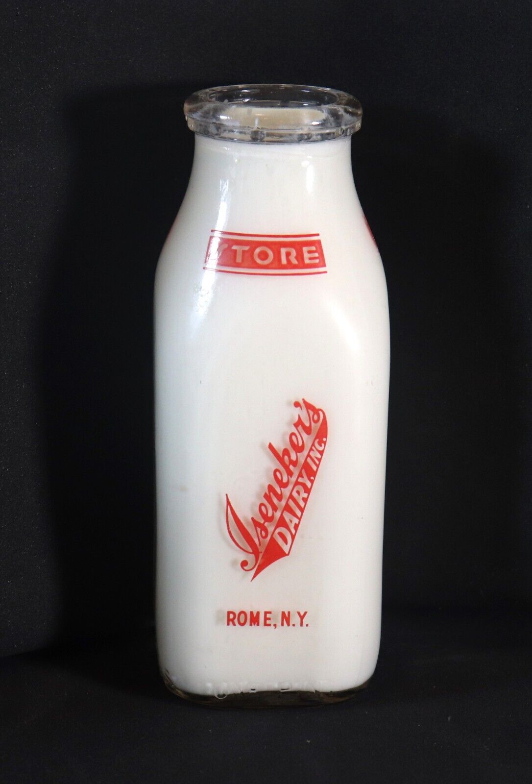 Vintage Pyro Glass Pint Milk Bottle Isenekers Dairy Farm Rome NY Store Bottle B