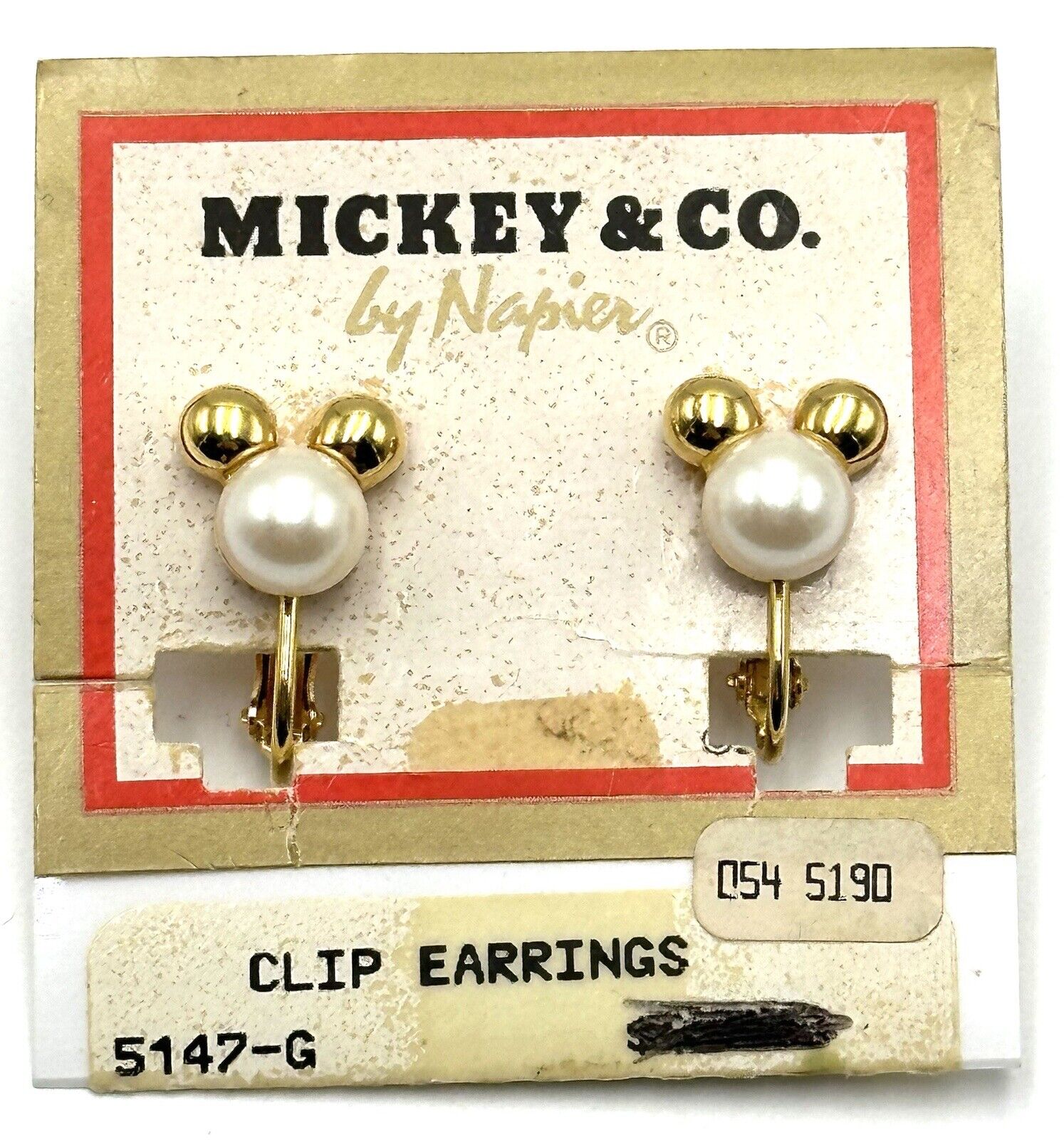 Vtg Napier Disney Mickey Mouse Faux Pearl Gold Tone Clip-On Adj. Earrings Signed
