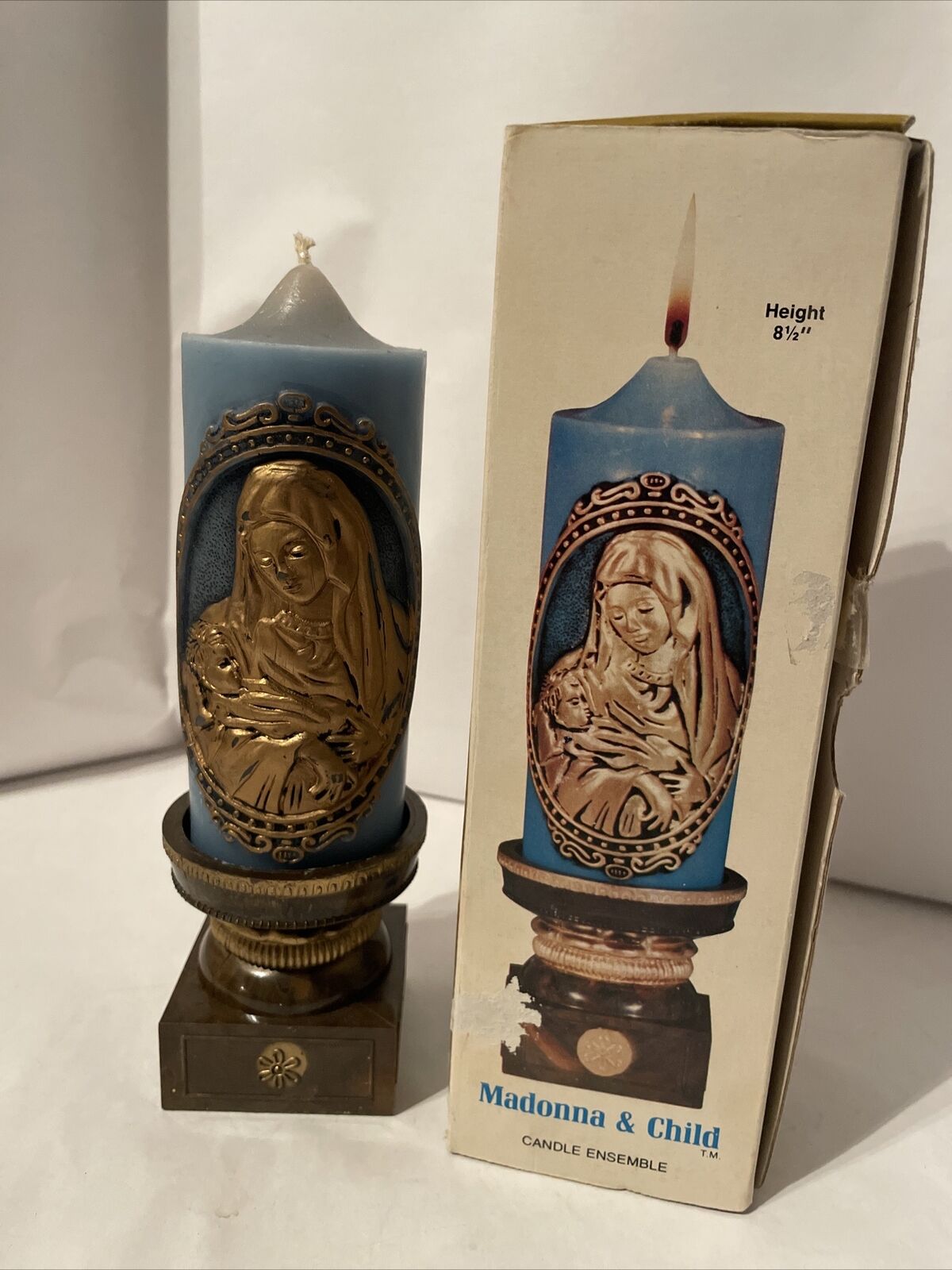 Madonna & Child Candle 1978 Jasco Blue & Gold With Pedestal In Original Box