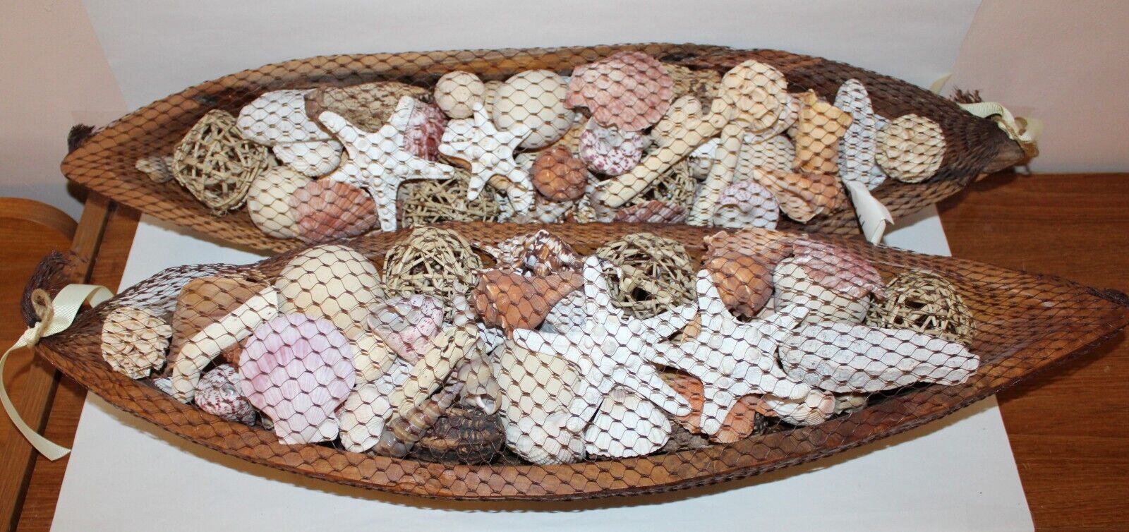 2 Ocean Beach Assorted Seashells in Hand Carved Wood Boats Nautical Tiki Decor