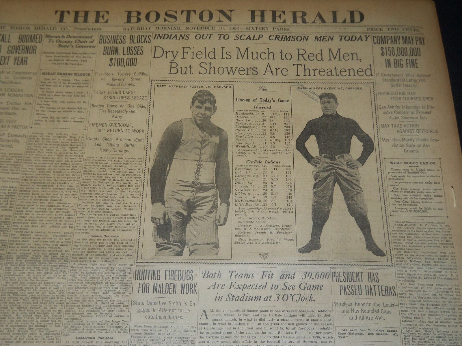 1906 NOVEMBER 10 THE BOSTON HERALD - CARLISLE VS. HARVARD TODAY - BH 136