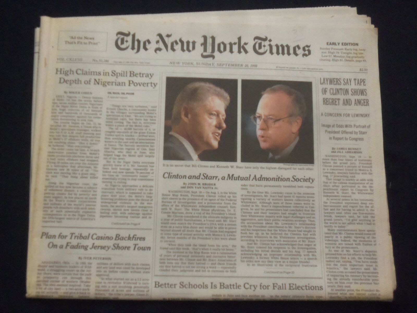 1998 SEP 20 NEW YORK TIMES NEWSPAPER -CLINTON TAPE SHOWS REGRET & ANGER- NP 7130