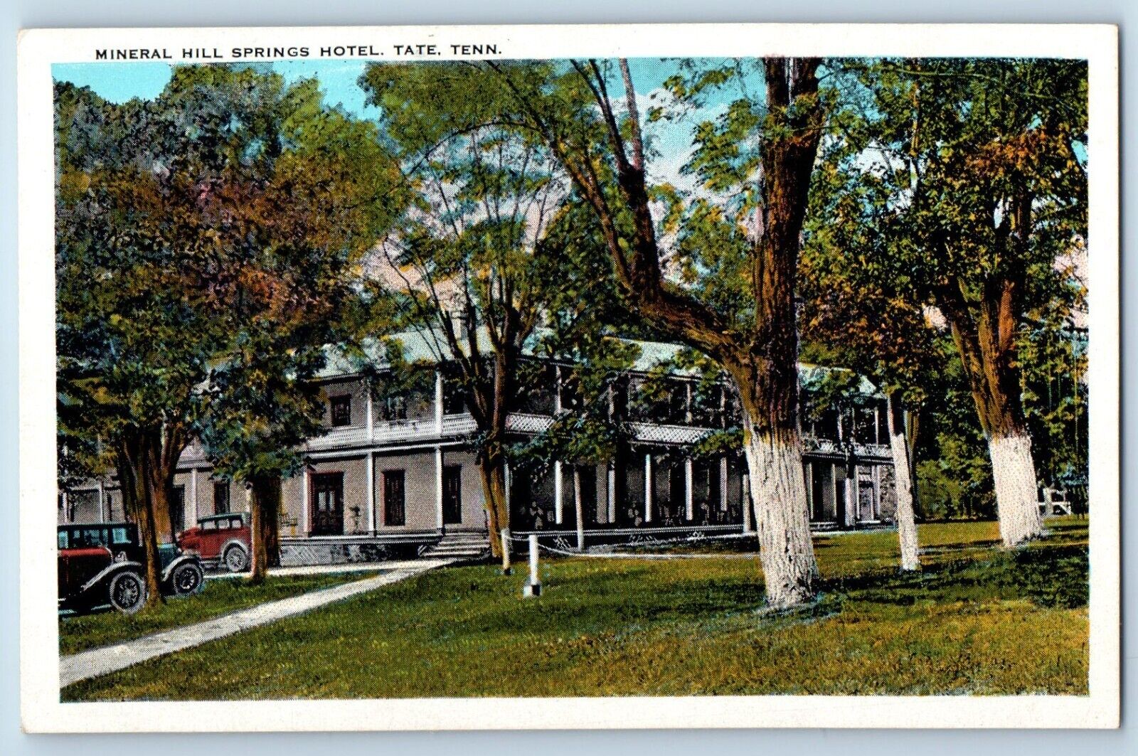 Tate Tennessee TN Postcard Mineral Hill Springs Hotel Building Classic Cars 1920