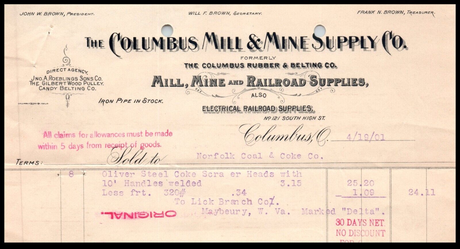 Columbus Mill & Mine Supply Co. Railroad Ohio Letterhead Receipt Invoice 1901