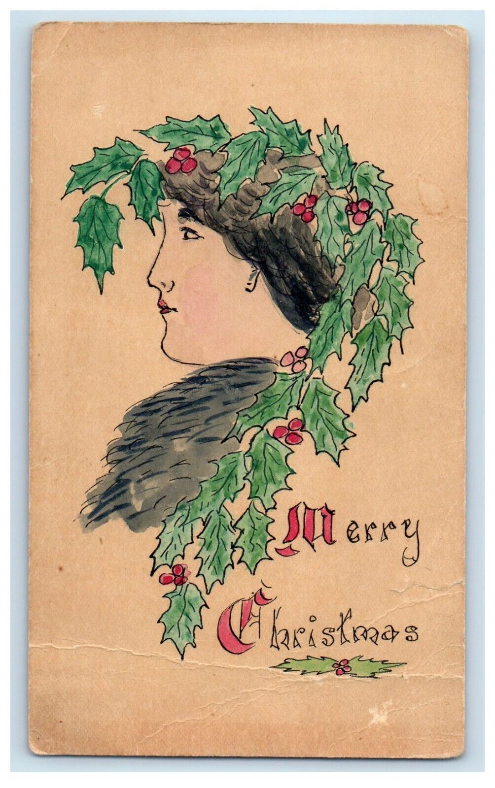 c1905 Merry Christmas Girl Holly Berries Hand Printed Art Antique Postcard