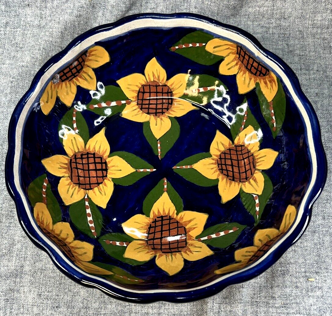 Vintage Talavera Sunflower Blue Pottery Redware 10” Scalloped Bowl, Mexico