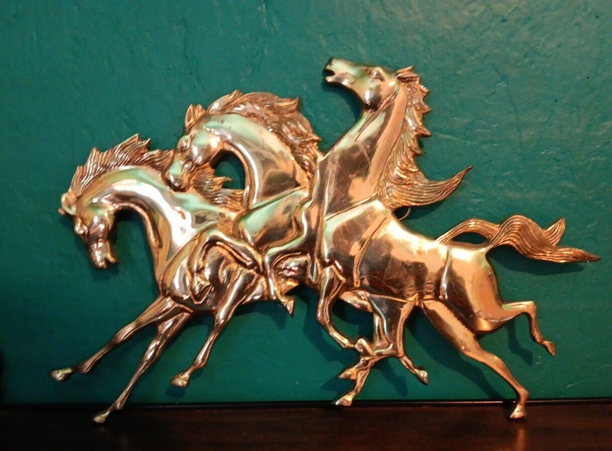 Brass Running Wild  Horses Ponies Wall Hanging Plaque 16x10 Vintage 