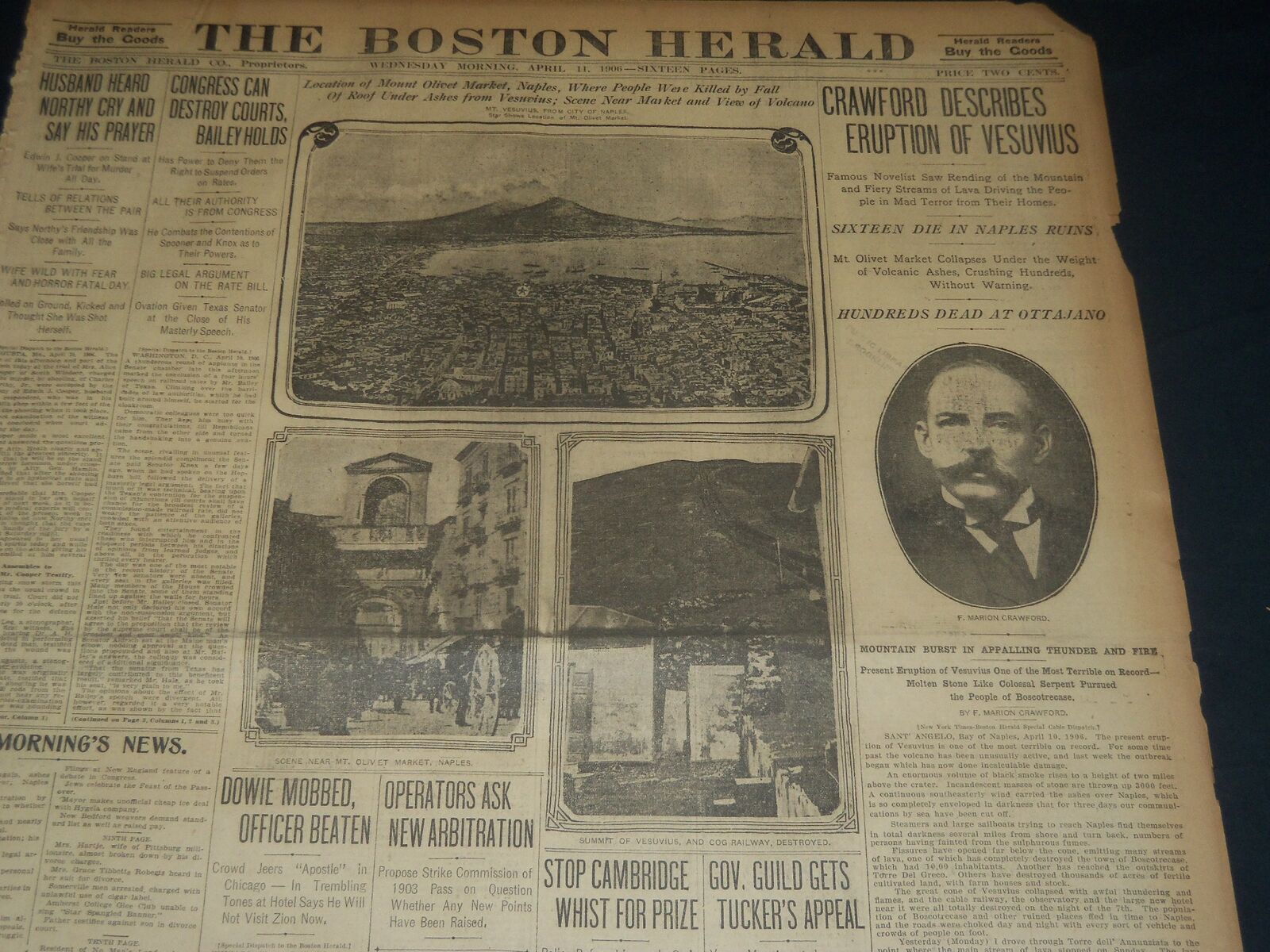 1910 APRIL 11 THE BOSTON HERALD CRAWFORD DESCRIBES ERUPTION OF VESUVIUS - BH 276