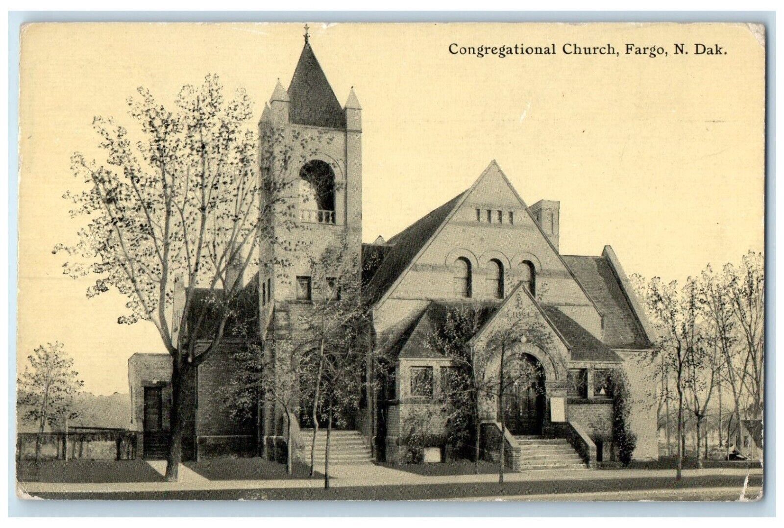 1912 Congregational Church Street View Fargo North Dakota ND Antique Postcard