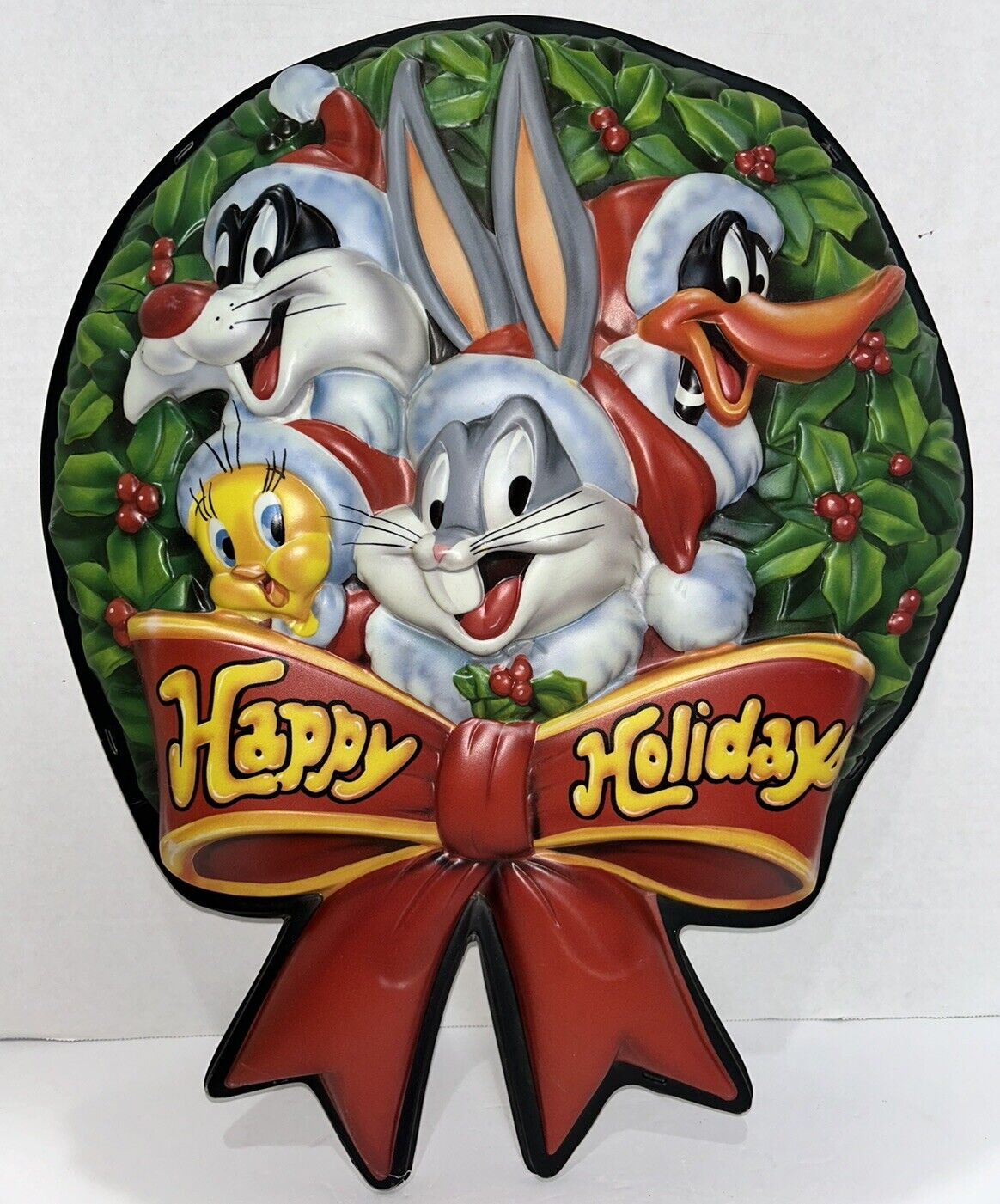 Looney Tunes 3D Christmas Happy Holiday Wreath Bugs Bunny Friends 1997 Blow Mold