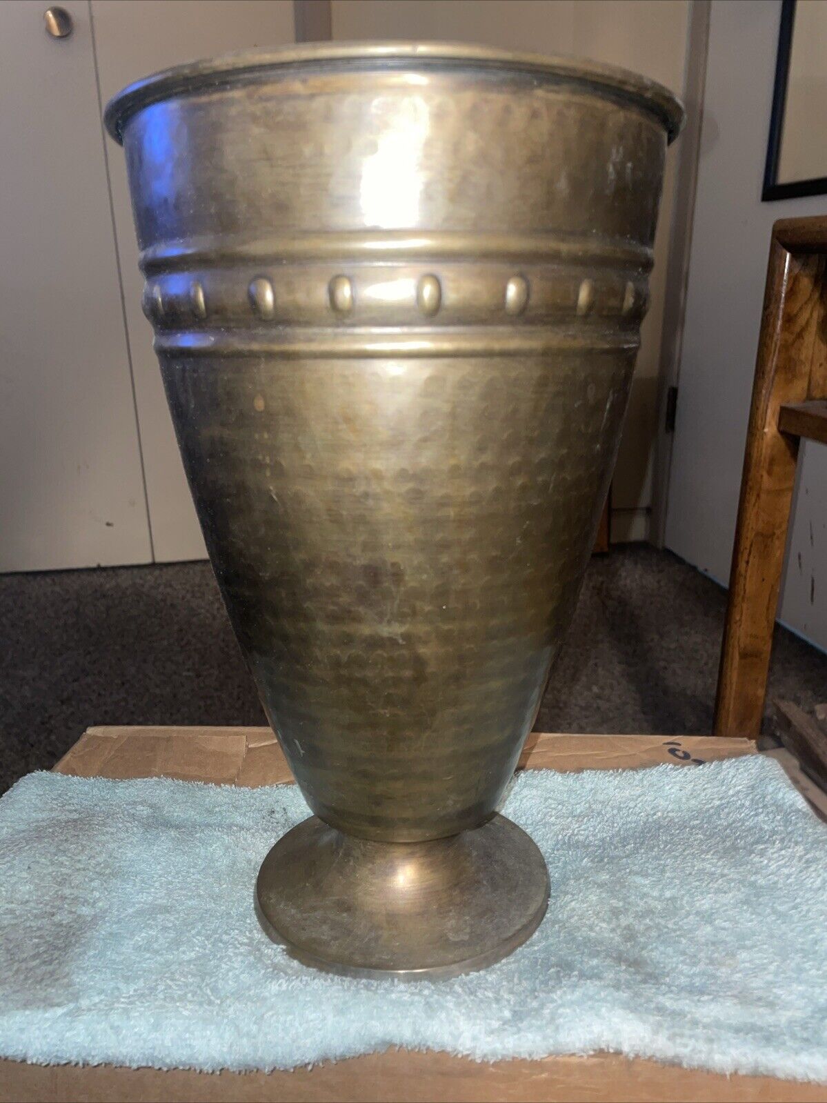 Solid brass antique vase from India.                 12 Inches Tall And 7.5 Wide