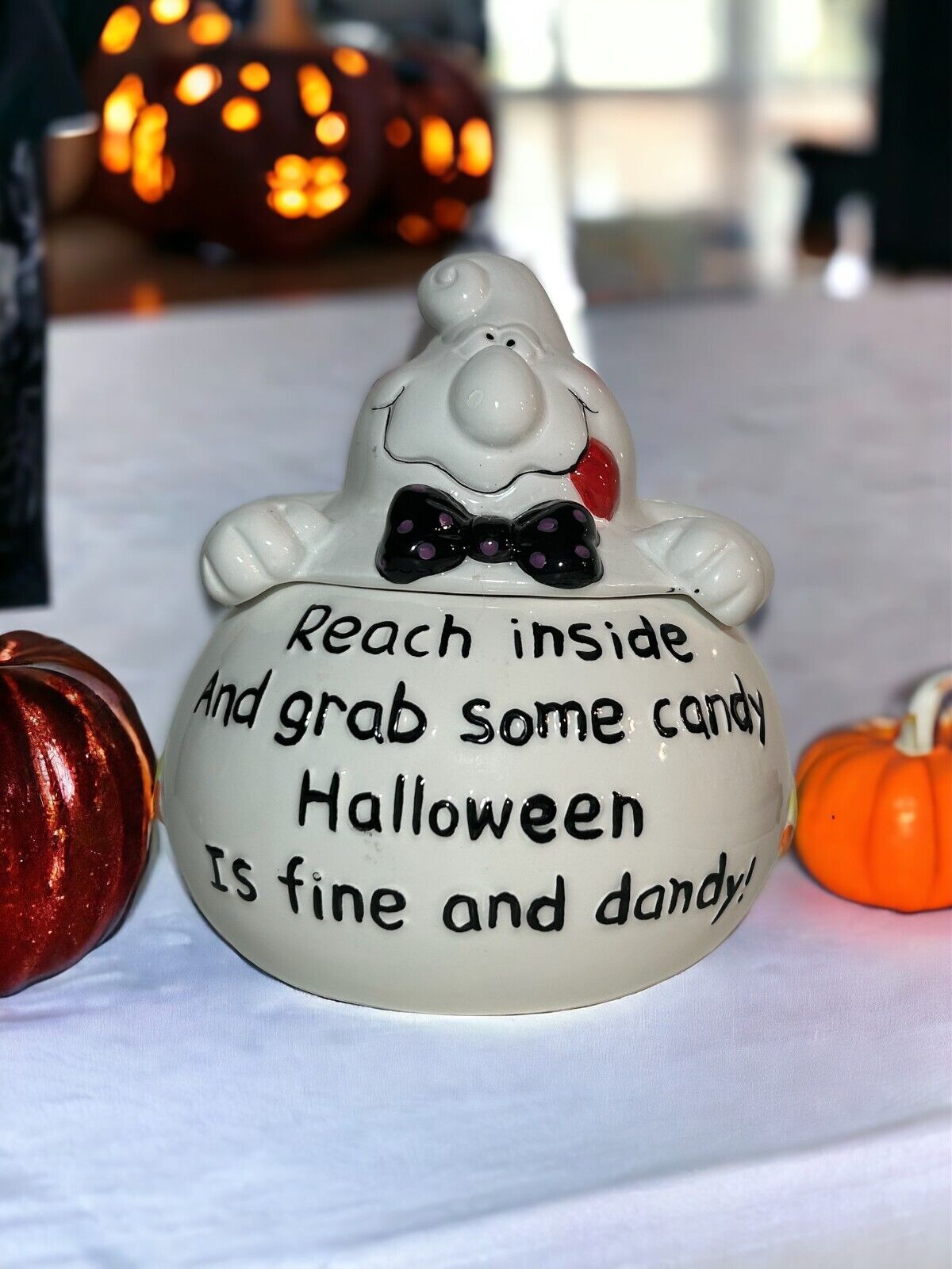VTG Ganz Halloween Round Ghost Poem Cookie Jar