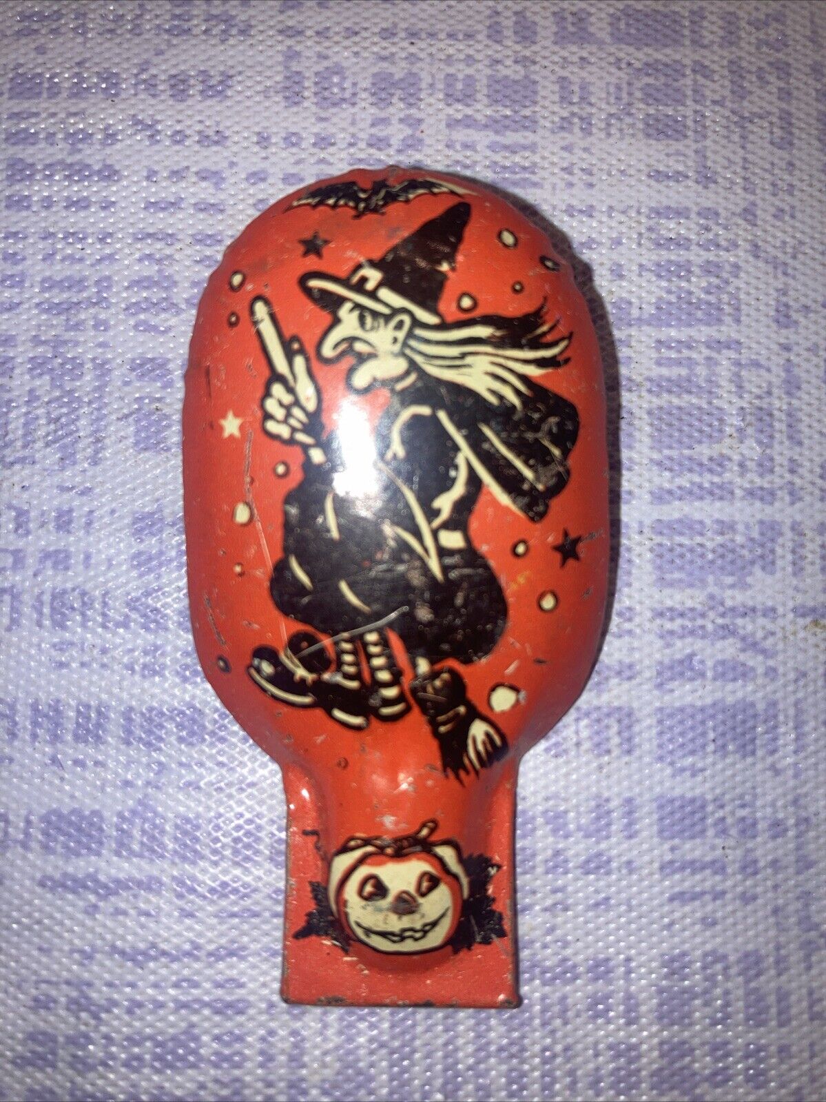 Vintage Tin Litho US METAL TOY MFG. Halloween Clicker - Witch & Jack-O-Lantern