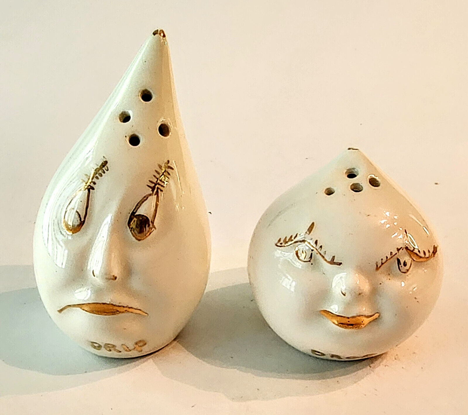 Vintage 50's Signed Drip & Drop Salt and Pepper Shakers Gold on White Ceramic