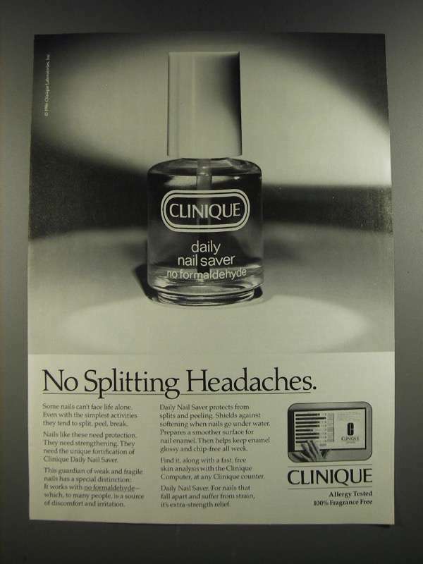 1986 Clinique Daily Nail Saver Ad - No Splitting Headaches
