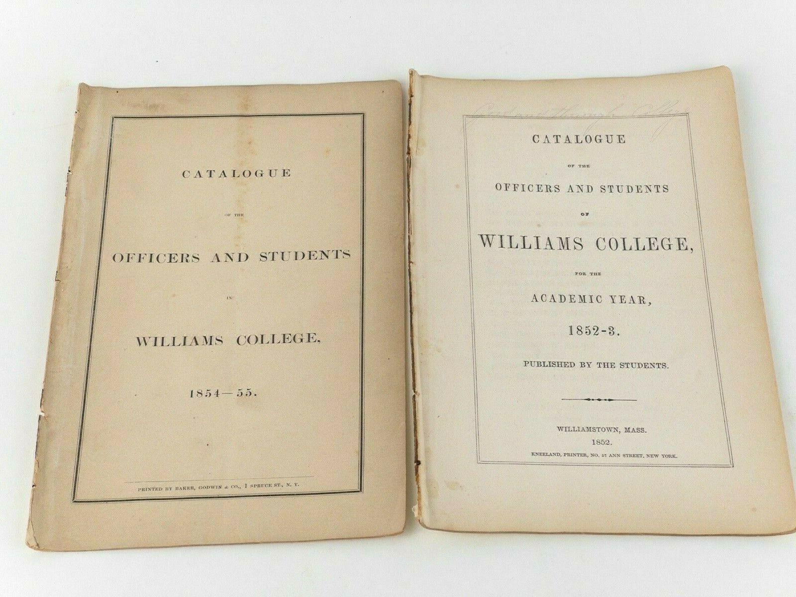 Catalogue Officers and Students Williams College 1852 1853 1854 1855 - Lot