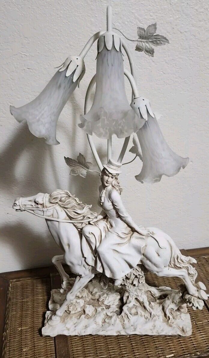 LARGE 28” Alabaster Victorian Lady On Horseback Horse Table Lamp Art Deco