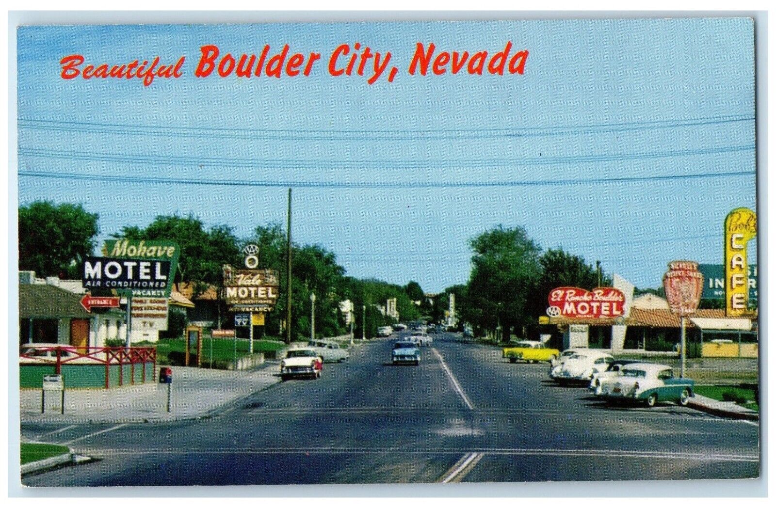 c1950's Beautiful Boulder City Nevada NV, Mohave Motel Cafe Cars Postcard