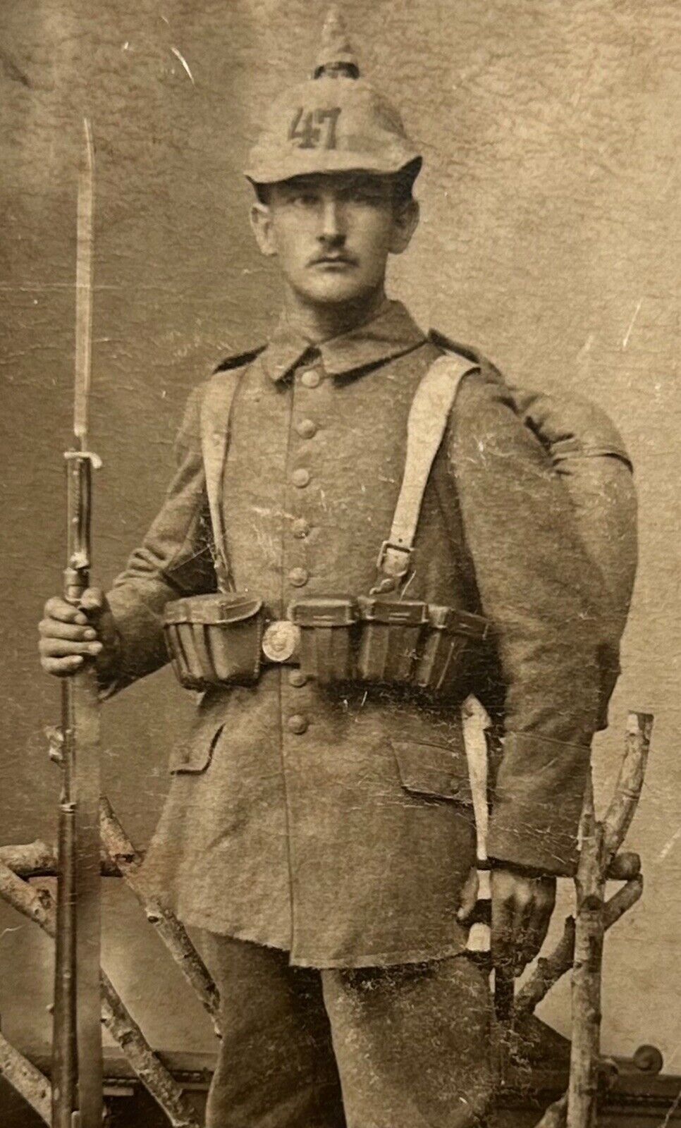 WW1 German Photo of a Soldat in Full Kit w/Rifle + Bayonet + Pickelhaube
