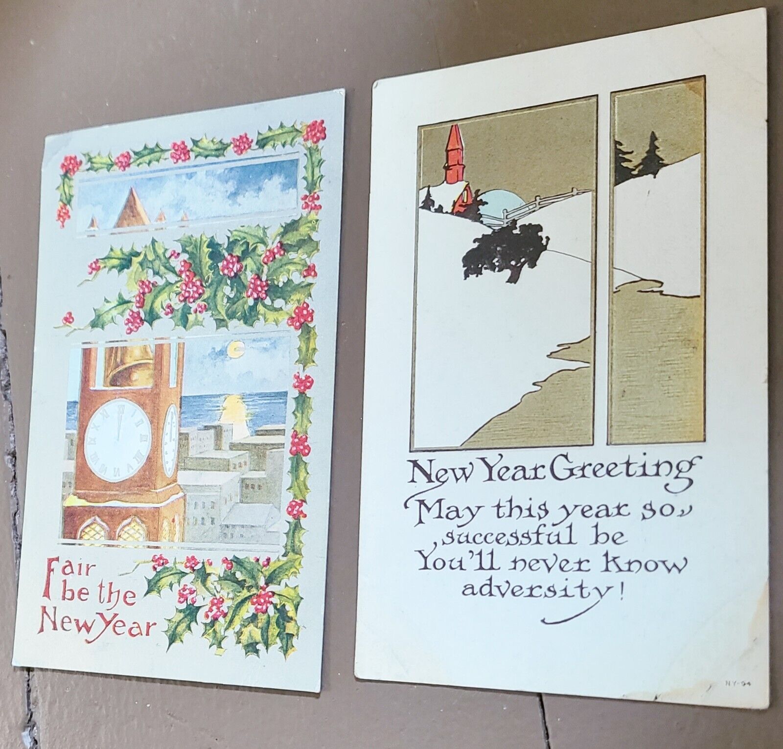 2 Antique New Year Greetings Postcards Clock Tower Winter Scene