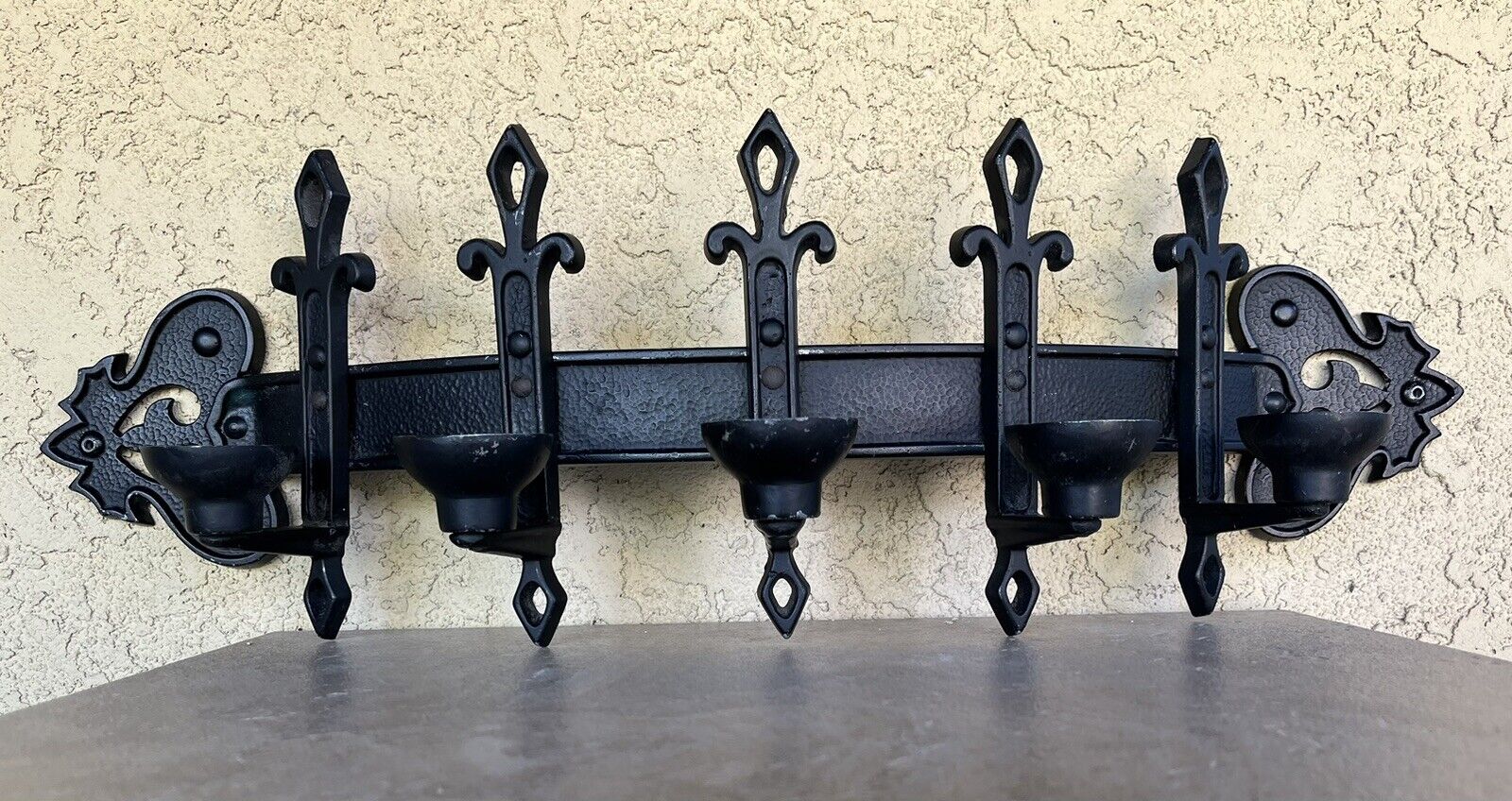 Vintage XL MIDWEST HOMCO  GOTHIC Black 5 Candle Wall Scone Cast Aluminum 27”X9”