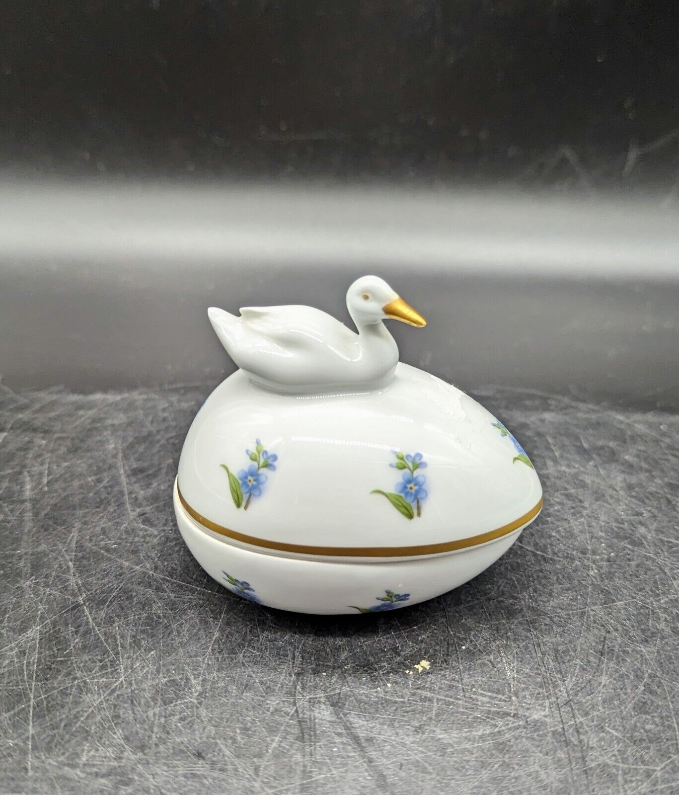 Vintage Gerald Porzellan Floral Egg Trinket Box W/ Duck Handle 3.5