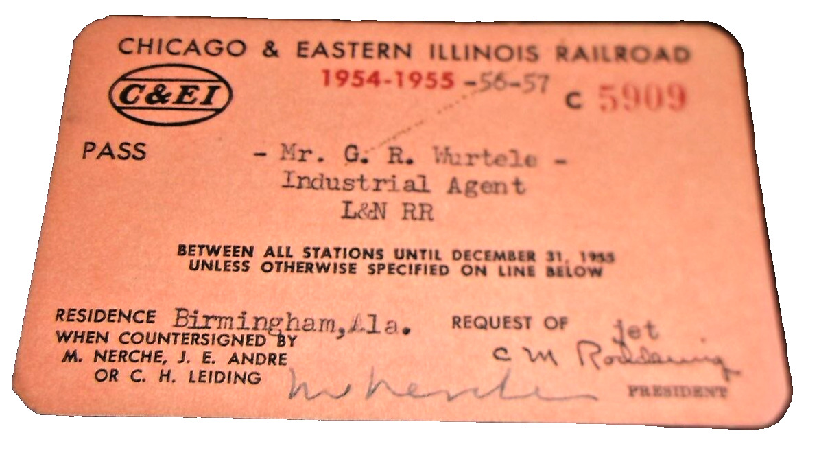 1954-1955-1956-1957 C&EI CHICAGO & EASTERN ILLINOIS EMPLOYEE PASS 