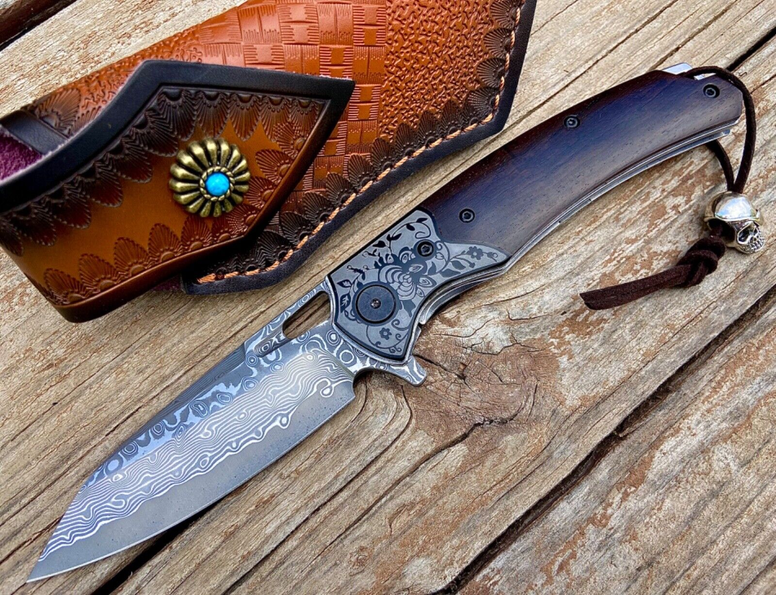 Custom EDC Damascus Steel Pocket Knife, Ebony/Steel Handle, Ball Bearing Pivot