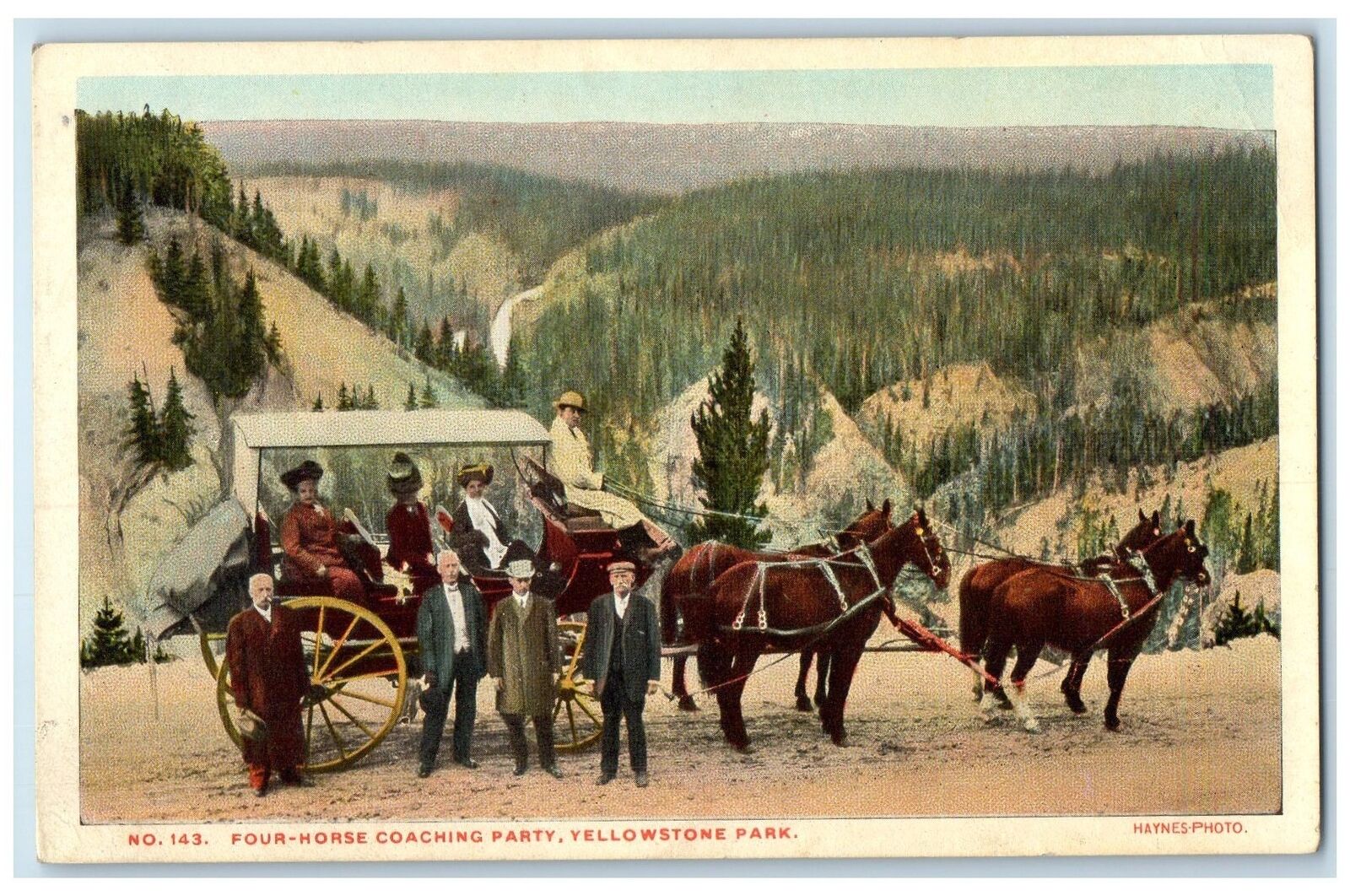 c1920's Four Horse Coaching Party Guests Yellowstone Park Wyoming WY Postcard