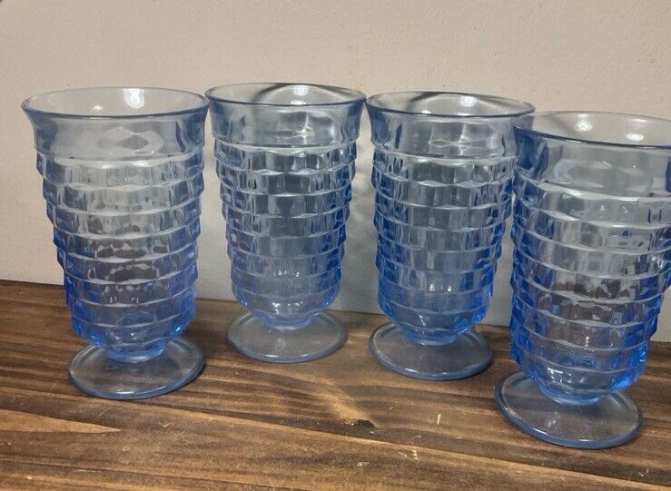 5 Vintage Indiana Glass Whitehall Ice Blue Cubist Footed Tumblers Glasses 16oz